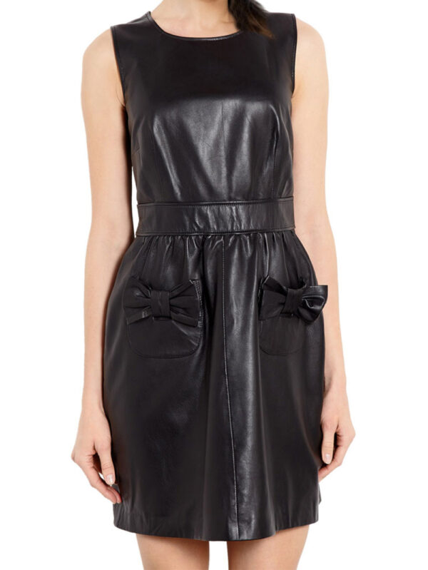 Bow Pocket Adorable Leather Dress Front