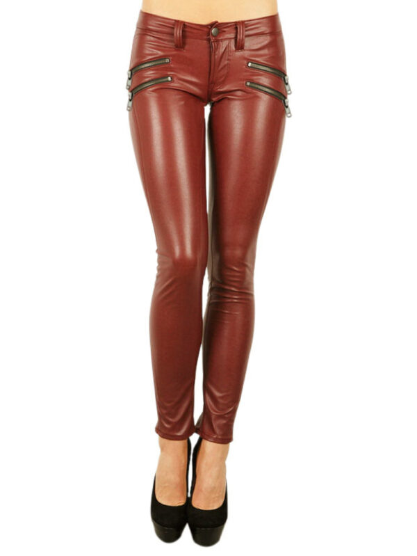 Cross-Zip Pencil Leather Pants Front