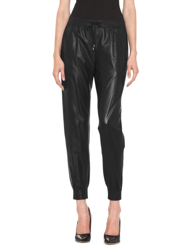 Elastic-Cuff Luxe Leather Pants Front