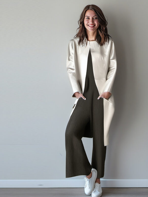 Formal Round-Neck Leather Coat