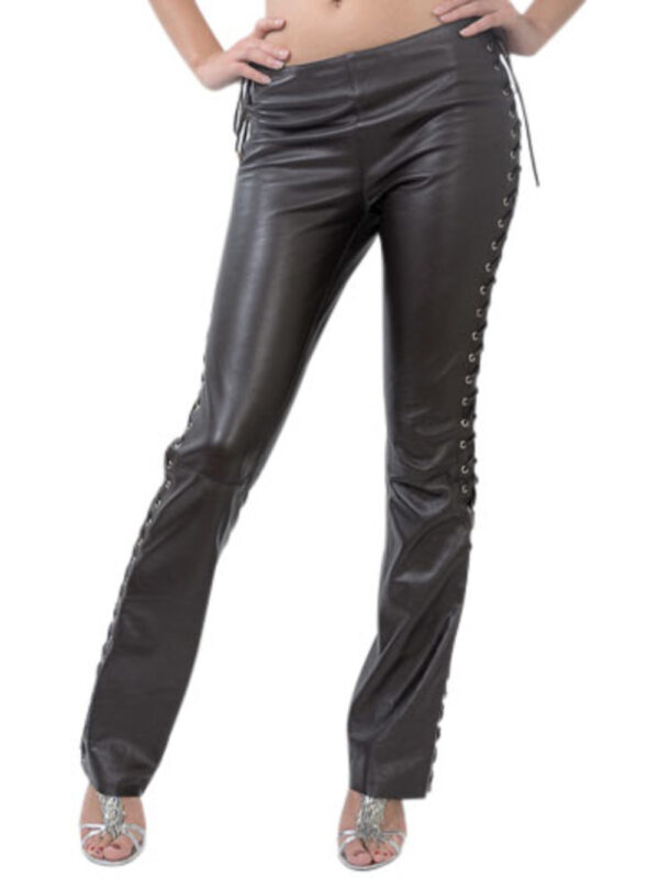 Lace-Up Pencil Fit Leather Pants Front