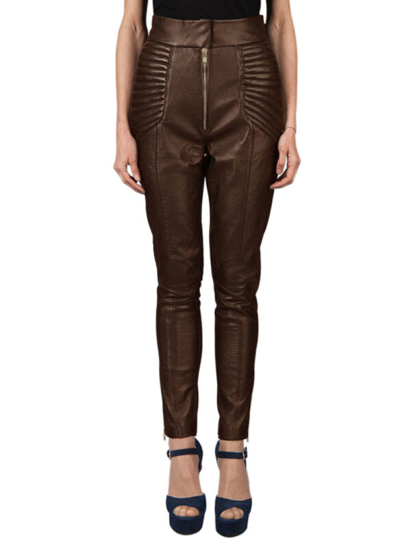 Padded Hip Detail Leather Pants Front