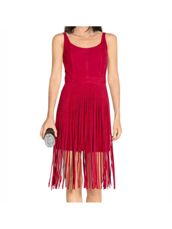 Red Fringe Scoop-Neck Leather Dress Front