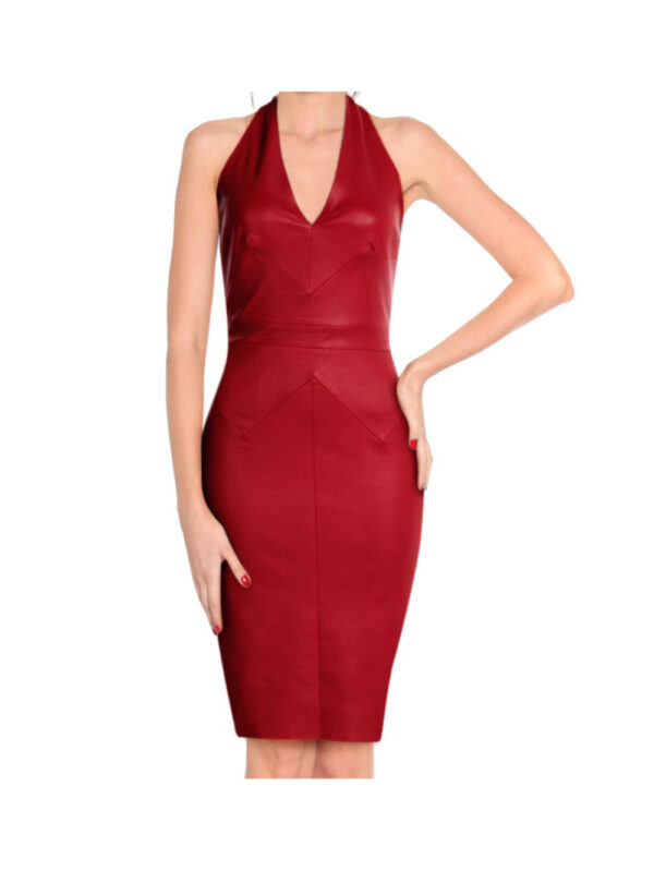 Red Halter Deep V-Neck Leather Dress Front