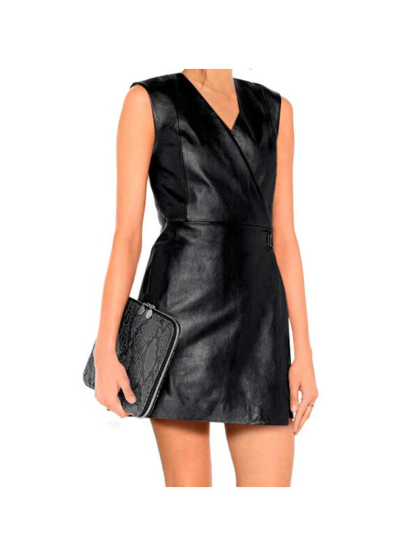 Sexy Wrap Black Leather Dress Front