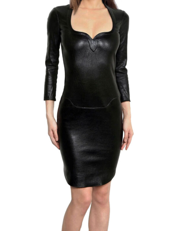 Sweetheart-Neck Stretchable Leather Dress Front