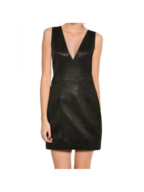 V-Neck Black Leather Dress Front