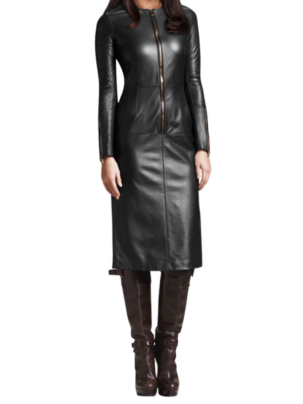 Zip-Placket Full-Length Leather Dress Front