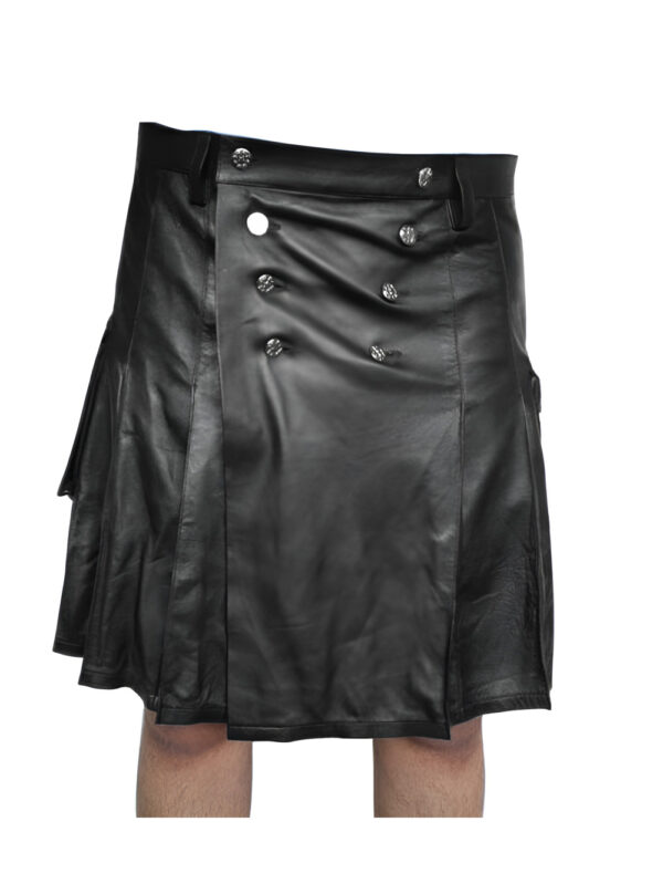 Ample Pleated Black Leather Kilt Front