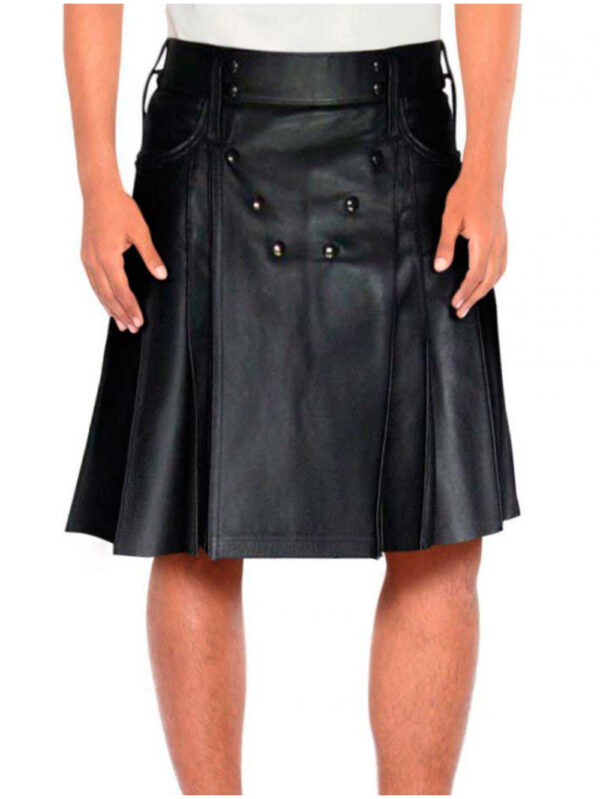 Button-Embellished Leather Kilt Front