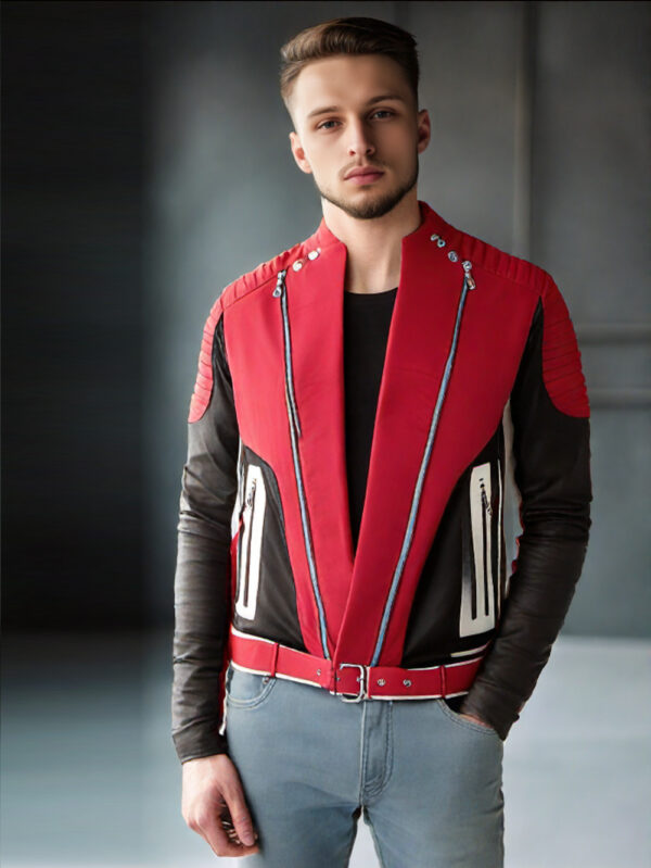 Color Block Red Leather Biker Jacket