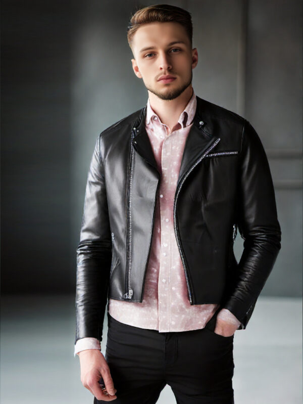 Off-Center Zip Leather Biker Jacket