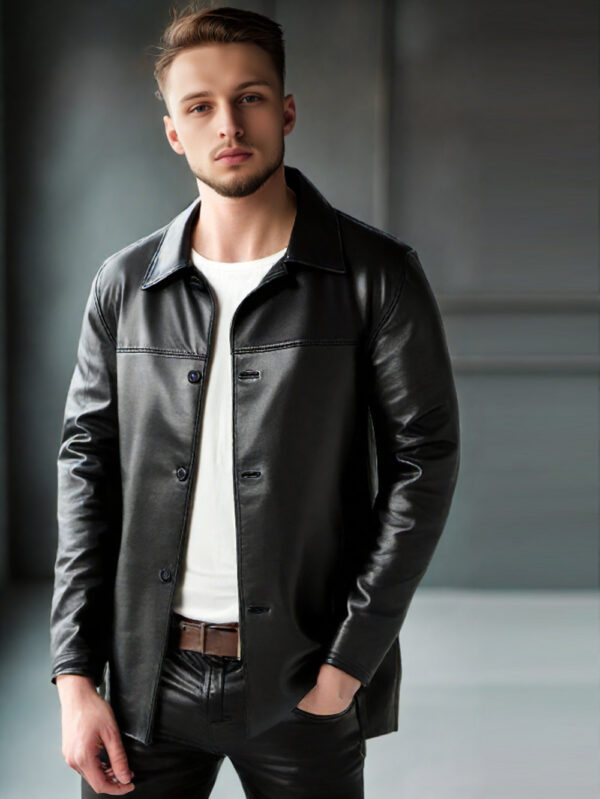 Polo Collar Black Leather Coat