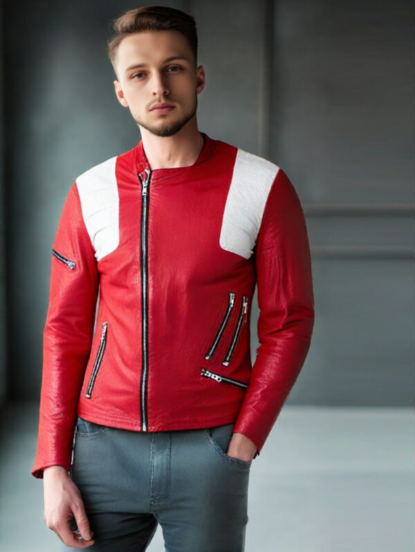 Red Leather Biker Jacket with White Panels