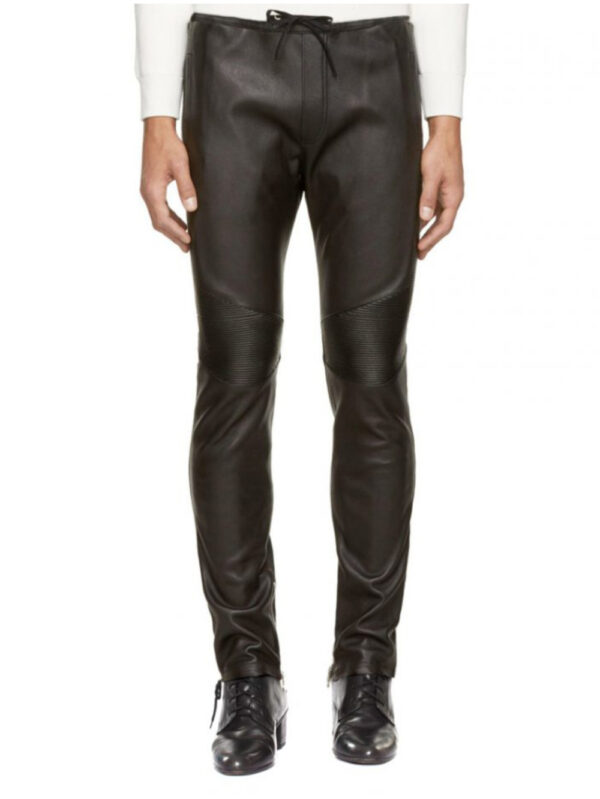 Ribbed Panel Black Leather Pants Front