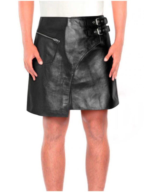 Side Buckle Black Leather Kilt Front