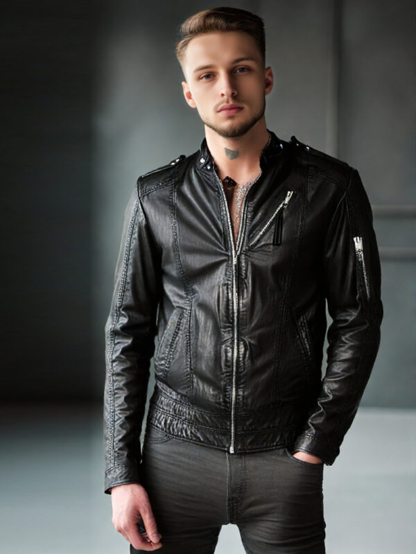 Stand-Tab Collar Biker Jacket