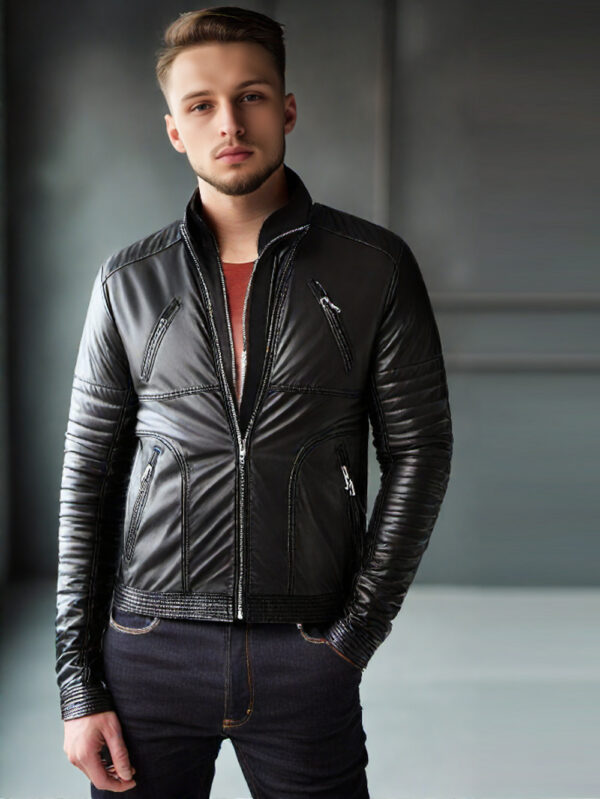 Stitched Detailing Leather Biker Jacket