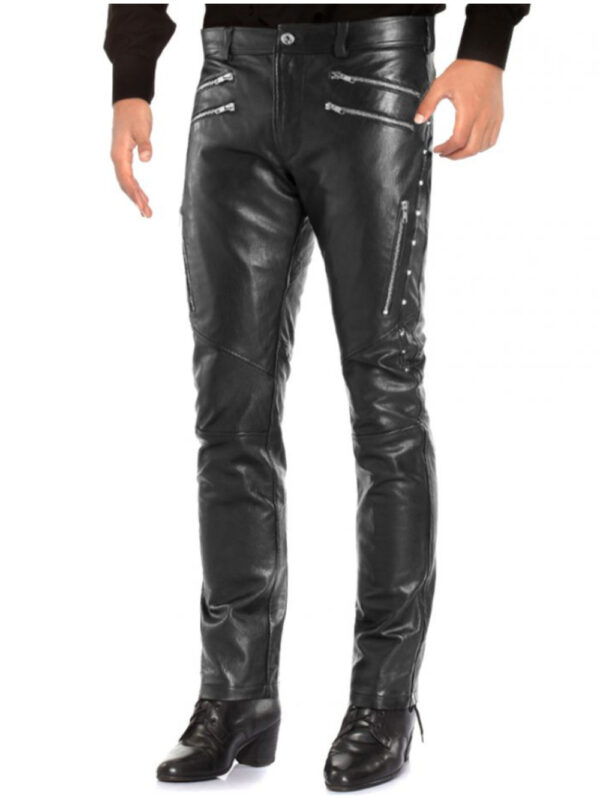 Studded Black Leather Pants Front