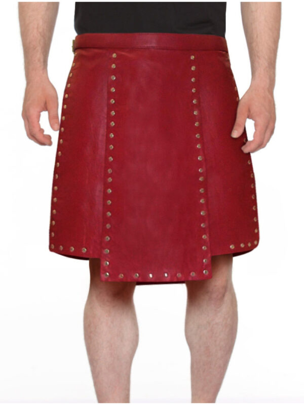 Studded Red Side-Buckle Kilt Front