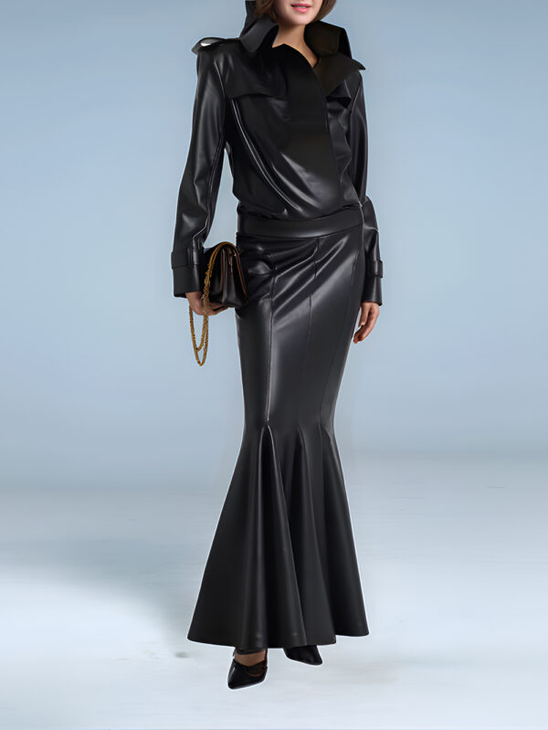 Aurora Full Black Leather Bodysuit with Long Skirt Set