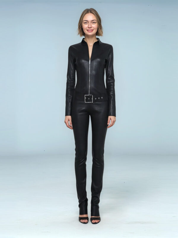 High-Neck Tailored Leather Jumpsuit Front