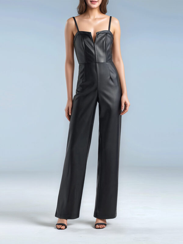 Sonya Chic Leather Wrap Jumpsuit Front